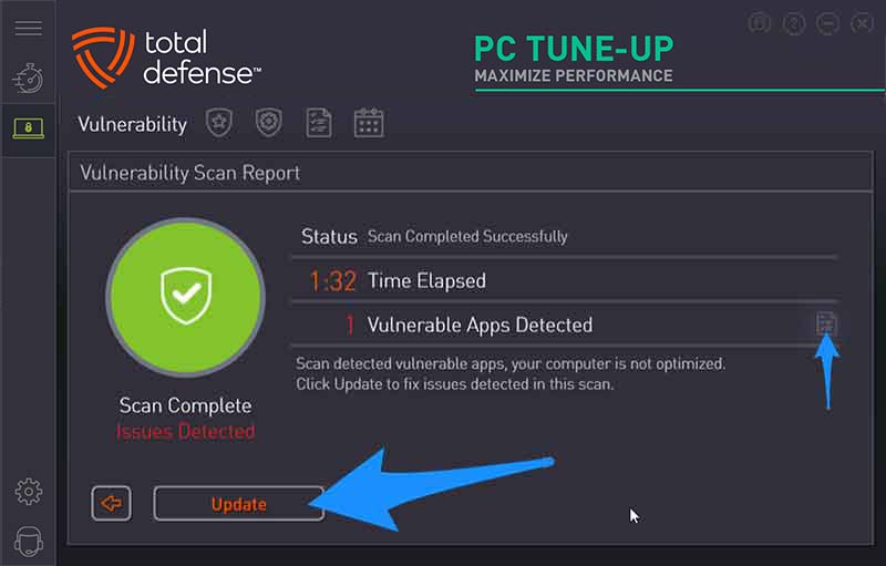 Total Defense PC Tune-Up Vulnerability fix screen