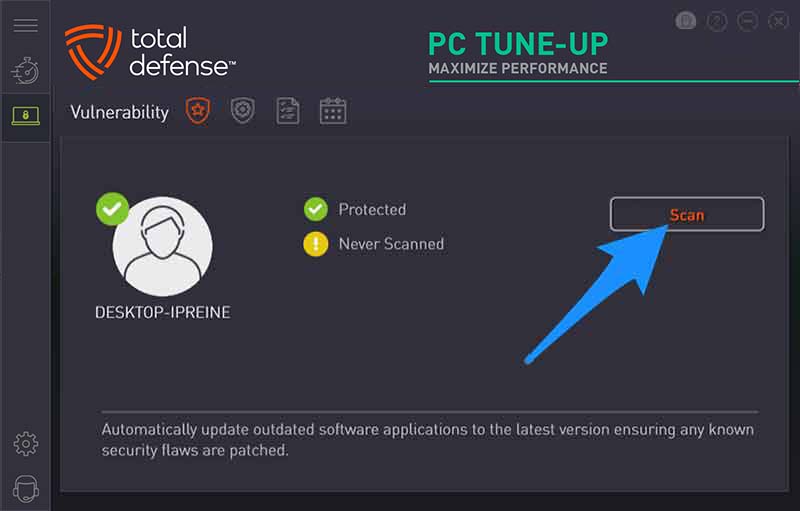 Total Defense PC Tune-Up Vulnerability scan screen